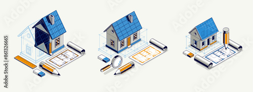 House project concept set, 3D isometric vector illustration of a small house and blueprint building project, construction architectural model, residential family small house.