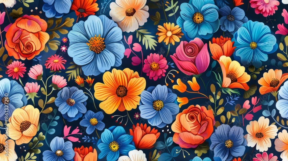 Floral pattern with bright flowers on a rich blue background Floral pattern with bright flowers on a rich blue background