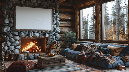 Cozy Cabin Interior with Stone Fireplace and Plaid Throw Blankets in the Woods photo