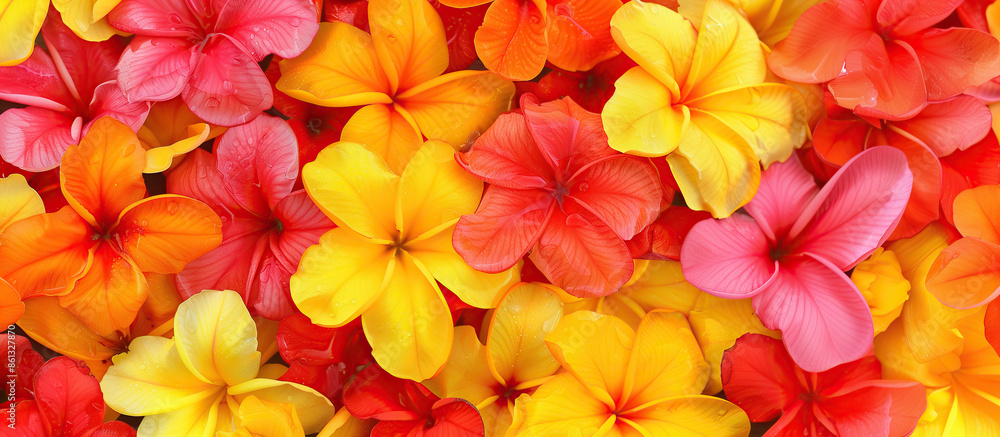 A close-up shot of a vibrant collection of plumeria petals, showcasing a range of colors from bright yellow to deep red, forming a captivating tapestry of tropical beauty A close-up shot of a vibrant collection of plumeria petals, showcasing a range of colors from bright yellow to deep red, forming a captivating tapestry of tropical beauty