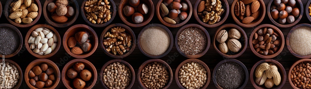 A collage of various nuts and seeds in wooden bowls A collage of various nuts and seeds in wooden bowls