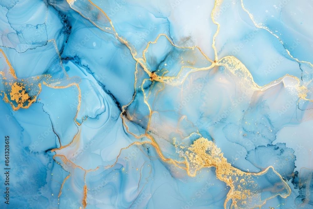 Naklejka premium Alcohol ink technique texture with translucent hues, glowing golden veins, washes, swirls and tiny dots. Natural luxury abstract fluid art painting in blue color.