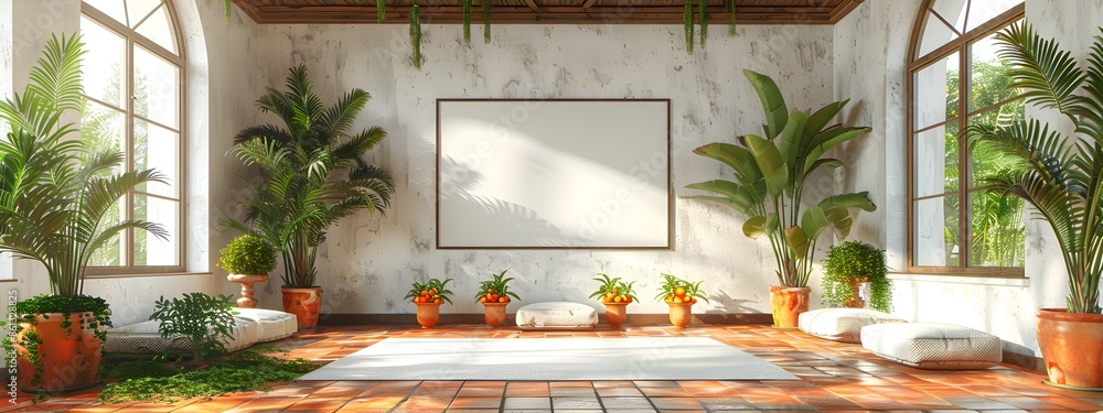 Minimalist 3D Rendered Mockup of a White Background Frame Inside a Bright and Airy Mediterranean Style Villa with Whitewashed Walls Terracotta Tiles and Potted Citrus Trees Adorning the Space Minimalist 3D Rendered Mockup of a White Background Frame Inside a Bright and Airy Mediterranean Style Villa with Whitewashed Walls Terracotta Tiles and Potted Citrus Trees Adorning the Space