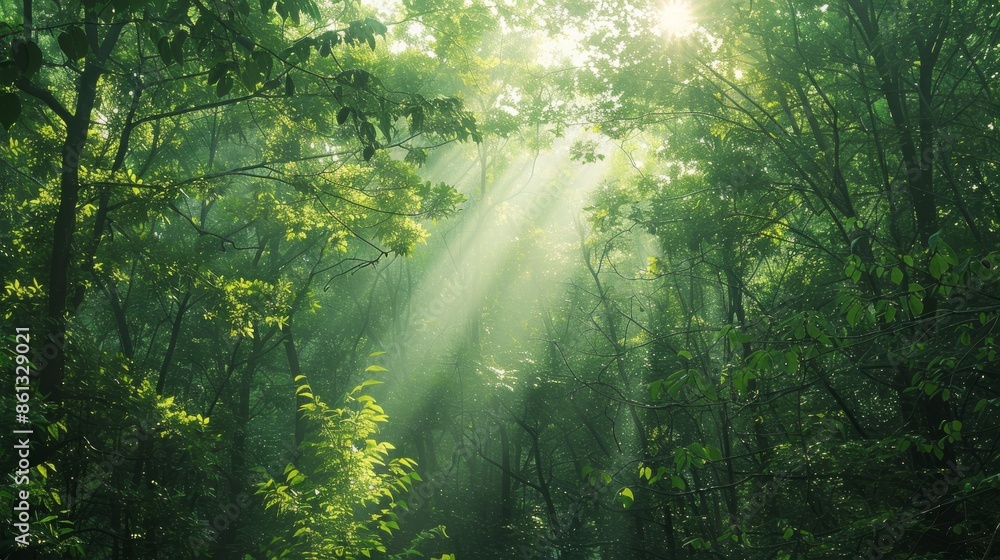 Fototapeta premium Sunlight streams through the leaves, casting delicate shadows on the forest floor