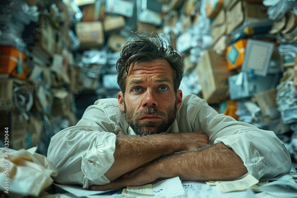 A tired and disheveled man rests his head on crossed arms amidst a chaotic scene of cluttered papers and documents, representing chaos and mental fatigue. A tired and disheveled man rests his head on crossed arms amidst a chaotic scene of cluttered papers and documents, representing chaos and mental fatigue.