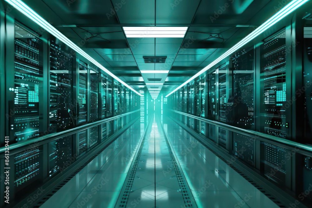 Fototapeta premium Futuristic data center with a sleek supercomputer interface and plenty of space for copy