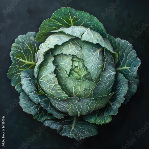 Wallpaper Mural a realistic cabbage with green and white leaves. The cabbage is sitting on a dark surface. Torontodigital.ca