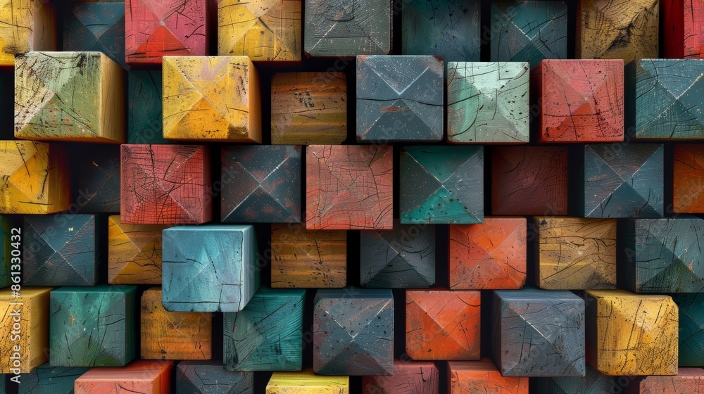 A colorful wall of wooden blocks arranged in a repeating pattern. A colorful wall of wooden blocks arranged in a repeating pattern.