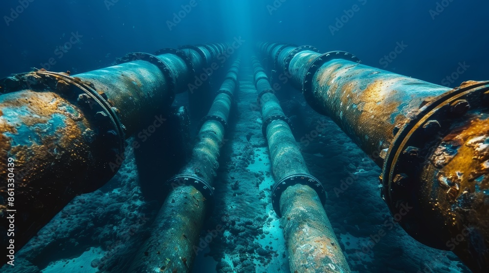 A close-up of several large underwater pipes, covered in marine life A close-up of several large underwater pipes, covered in marine life