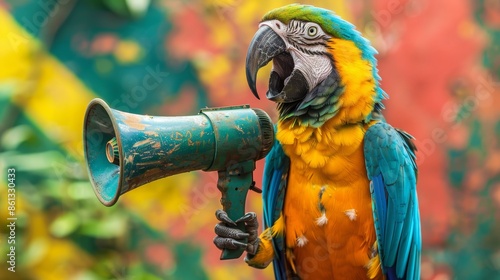 A colorful macaw parrot holds a megaphone and yells loudly. photo