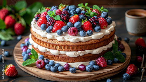 Wallpaper Mural A cake with strawberries, blueberries, and raspberries on top. The cake is on a wooden board and has a white frosting Torontodigital.ca