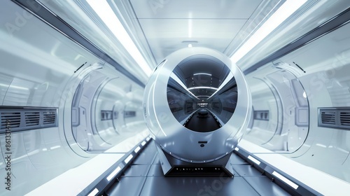 Fototapeta Naklejka Na Ścianę i Meble -  Hightech digital transport pod in a sleek space station with room for copy