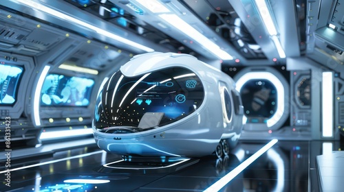 Fototapeta Naklejka Na Ścianę i Meble -  Hightech digital transport pod in a sleek space station with room for copy