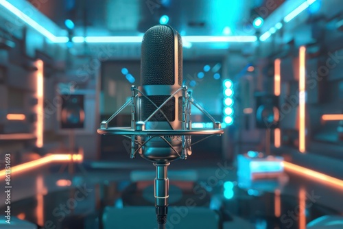 Hightech microphone with digital interface in a sleek, futuristic recording room and space for copy