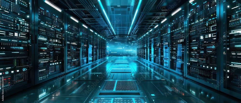 Hightech supercomputer server room with glowing digital interfaces and clear space for copy Hightech supercomputer server room with glowing digital interfaces and clear space for copy