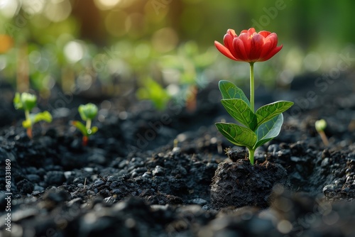 A vibrant red flower in full bloom stands tall in freshly tilled, rich soil, symbolizing new beginnings, growth, and the beauty of nature thriving.