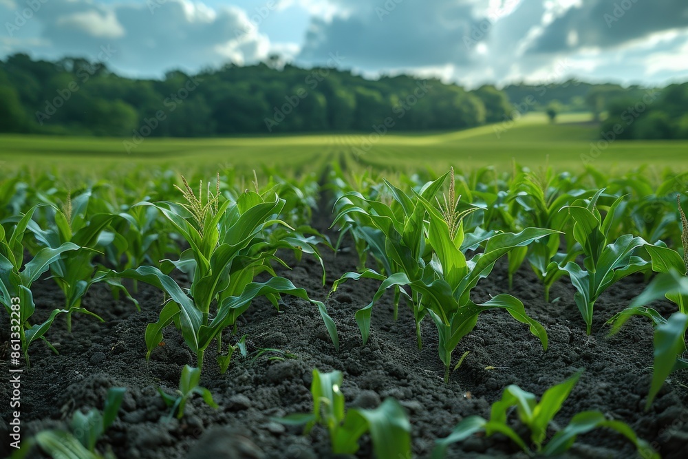 A vast agricultural field with rows of young corn plants growing in fertile soil. The sky above is filled with scattered clouds, contributing to the lush scenery. A vast agricultural field with rows of young corn plants growing in fertile soil. The sky above is filled with scattered clouds, contributing to the lush scenery.