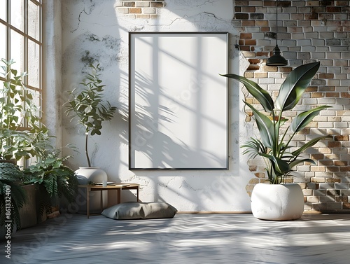 Fototapeta Naklejka Na Ścianę i Meble -  Sleek White Floating Frame Mockup in Modern Loft Style Apartment with Dramatic Lighting and