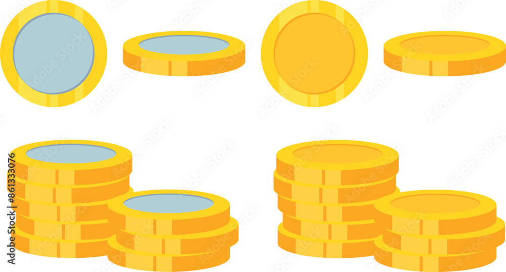 Flat cartoon gold and silver coins, Stack of golden coin set, Stack of silver coins set, Set of coin isolated. Flat cartoon gold and silver coins, Stack of golden coin set, Stack of silver coins set, Set of coin isolated.