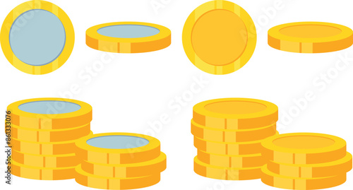 Flat cartoon gold and silver coins, Stack of golden coin set, Stack of silver coins set, Set of coin isolated.