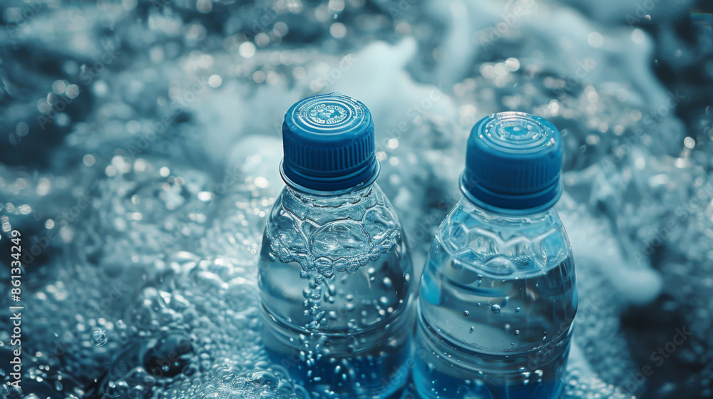 Close-up of two plastic water bottles submerged in bubbling water, highlighting hydration and environmental themes. Close-up of two plastic water bottles submerged in bubbling water, highlighting hydration and environmental themes.