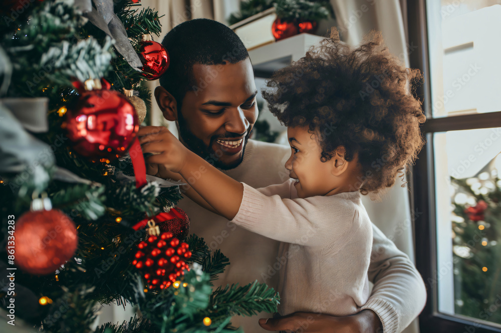 Father and daughter are spending quality time together, decorating a Christmas tree with red ornaments. They are smiling and enjoying the festive atmosphere Father and daughter are spending quality time together, decorating a Christmas tree with red ornaments. They are smiling and enjoying the festive atmosphere