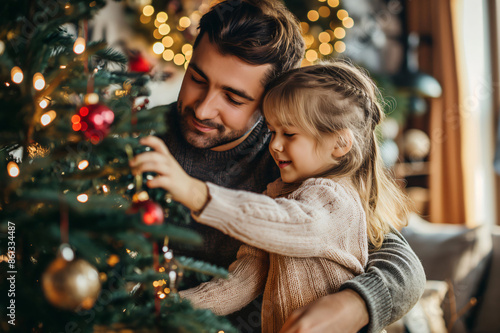 Father and his daughter are sharing a special moment while decorating their Christmas tree with ornaments and lights