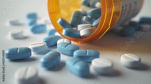 White and blue tablets spilling from an orange prescription bottle in a medical setting photo