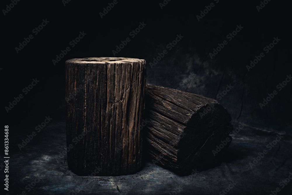 Old wooden tree, Black tree stump is shown on dark background. Old wooden tree, Black tree stump is shown on dark background.