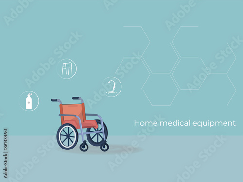 Image of a wheelchair around icons of an oxygen tank, walker and lift for patients with mobility problems, home medical equipment concept