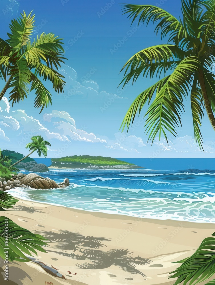 Fototapeta premium A serene tropical beach scene featuring white sand, crystal-clear water, and palm trees swaying in the breeze. Generative AI