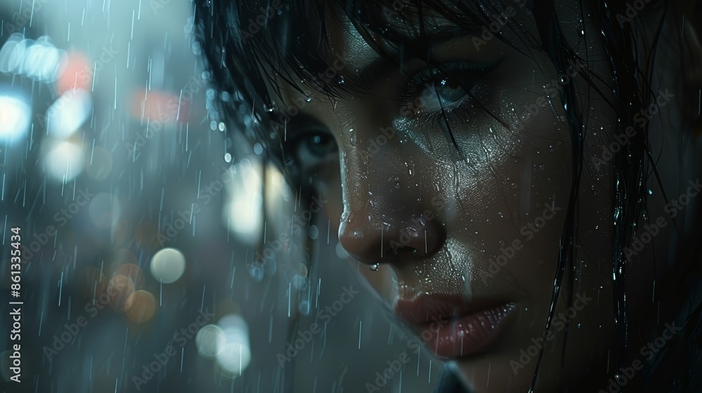 A woman with wet hair and face looks intently through a rain-streaked window. Her expression is determined and focused. A woman with wet hair and face looks intently through a rain-streaked window. Her expression is determined and focused.