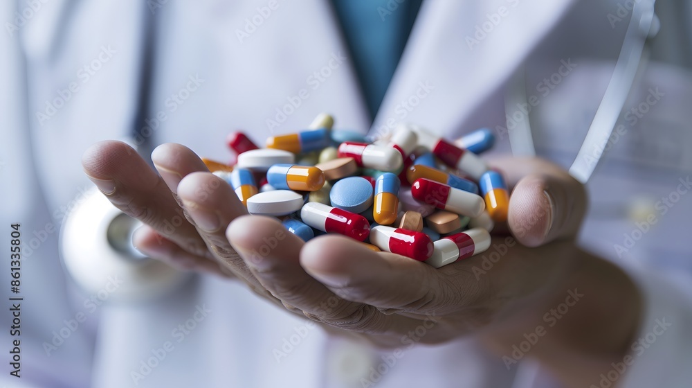 Close-up of a doctor holding a variety of colorful pills and capsules in cupped hands. Close-up of a doctor holding a variety of colorful pills and capsules in cupped hands.