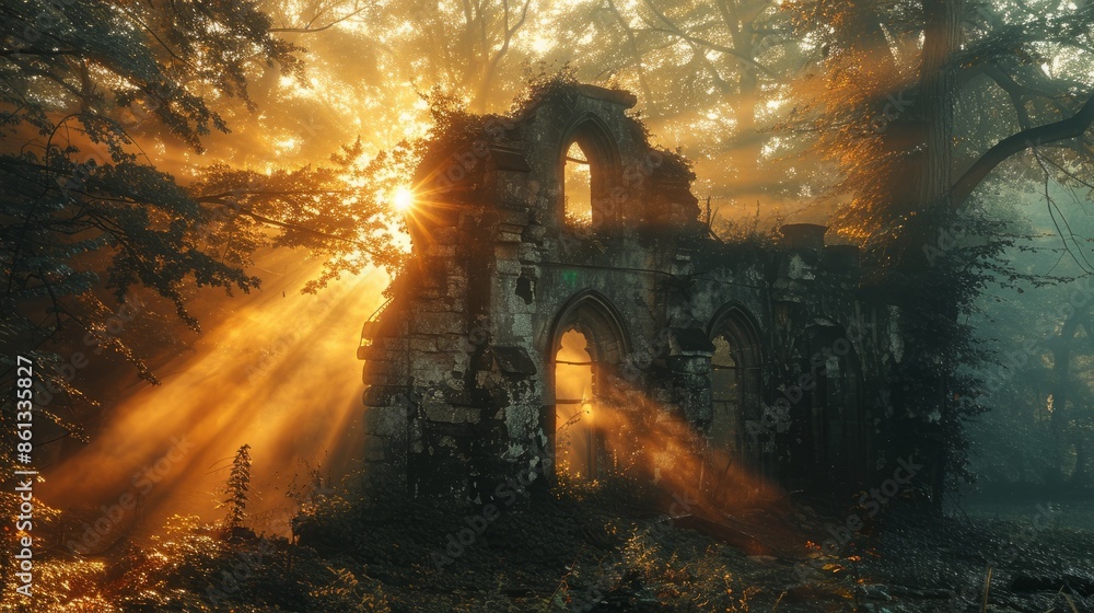 Obraz premium A captivating sunrise over a tranquil woodland, with soft light filtering through the trees and highlighting a serene lakeside structure