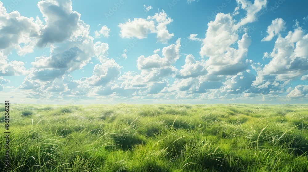 Obraz premium A sprawling grassy field, full of life and color, under a calm sky with soft, white clouds floating by