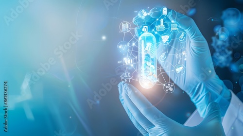 Gloved hands showcasing a digital medical interface with a glowing capsule.