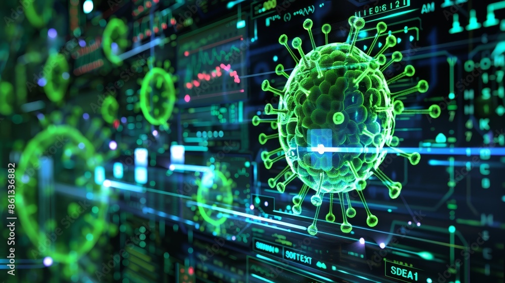 Abstract digital illustration of a virus particle on a digital screen. Abstract digital illustration of a virus particle on a digital screen.