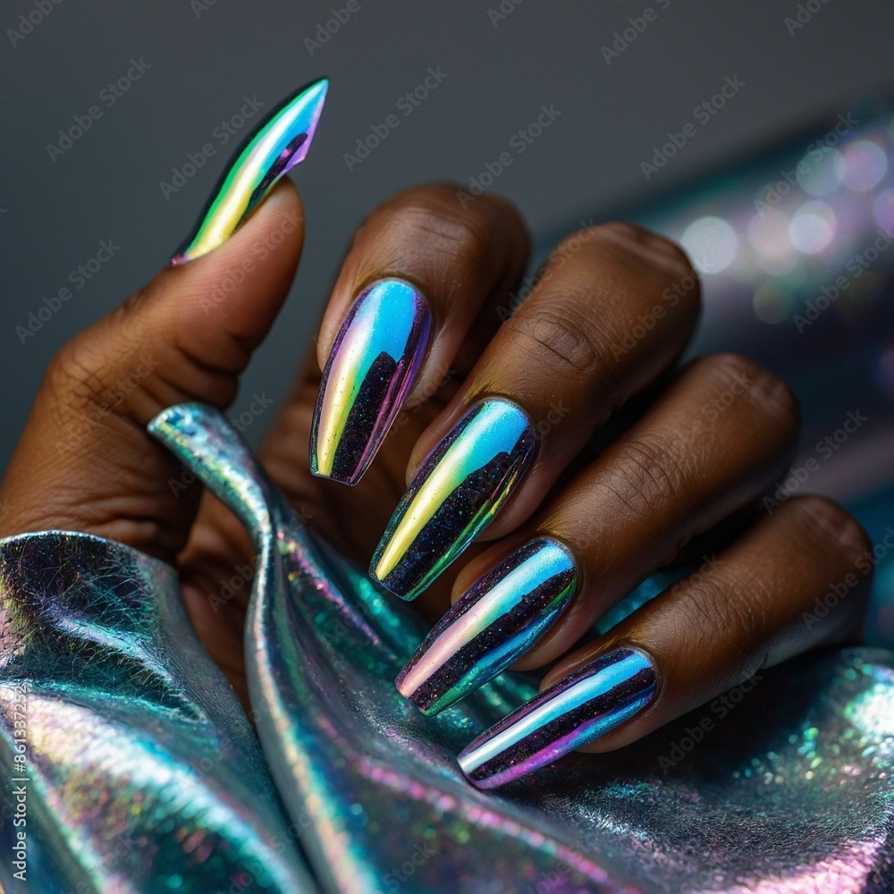 Obraz premium Holographic Manicure, Sculpted, Acrylic, Press - On Nails with Chrome Finish on Brown African American Hands Image 05