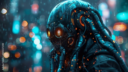 Cyberpunk android with glowing eyes standing in a futuristic city with rain. photo