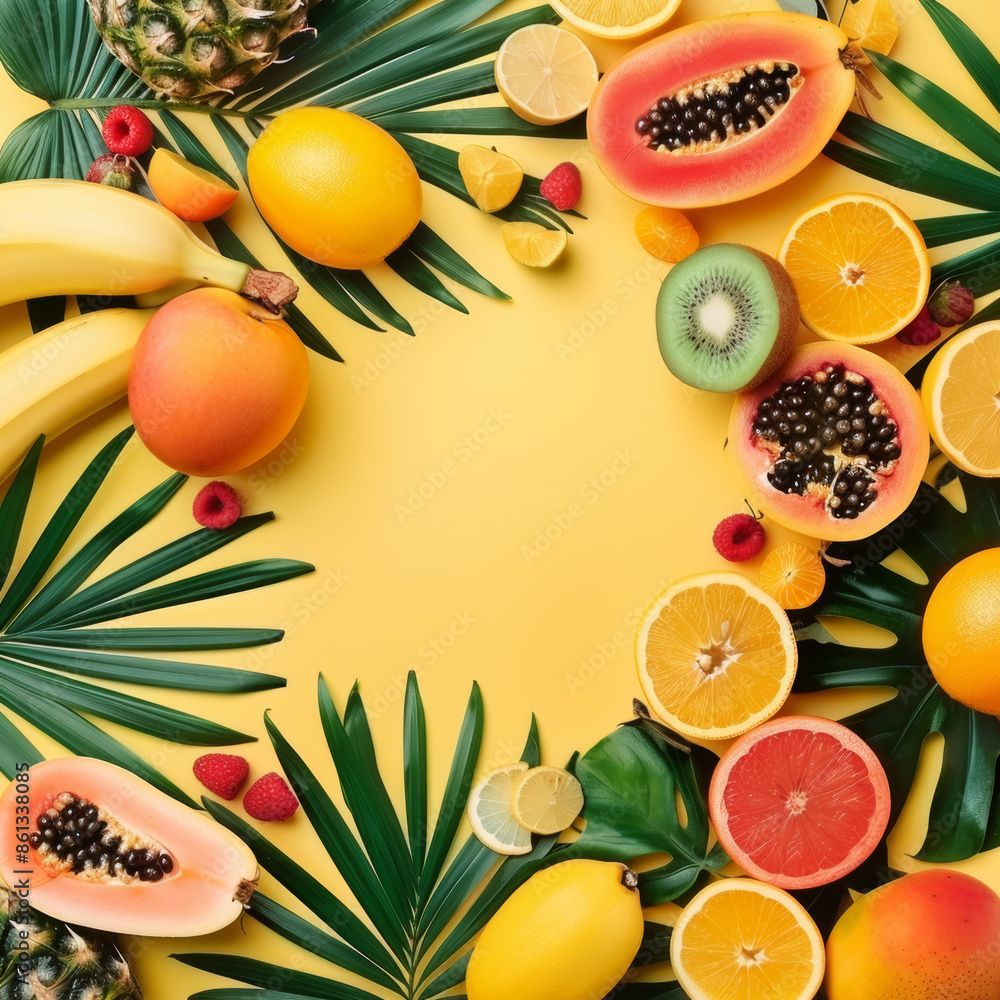 Exotic fruits and tropical palm leaves arranged on a pastel yellow background, featuring papaya, mango, pineapple, banana, carambola, dragon fruit, kiwi, lemon, orange, melon, coconut, and lime. Exotic fruits and tropical palm leaves arranged on a pastel yellow background, featuring papaya, mango, pineapple, banana, carambola, dragon fruit, kiwi, lemon, orange, melon, coconut, and lime.