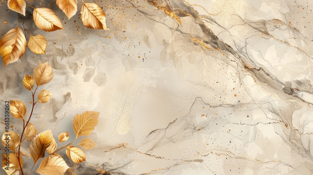 Obraz premium Abstract autumnal background with golden leaves on a marble texture.