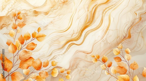 Abstract autumnal background with swirling marble texture and delicate orange leaves. photo