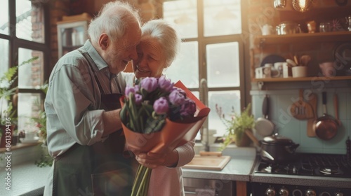 The elderly couple with bouquet photo
