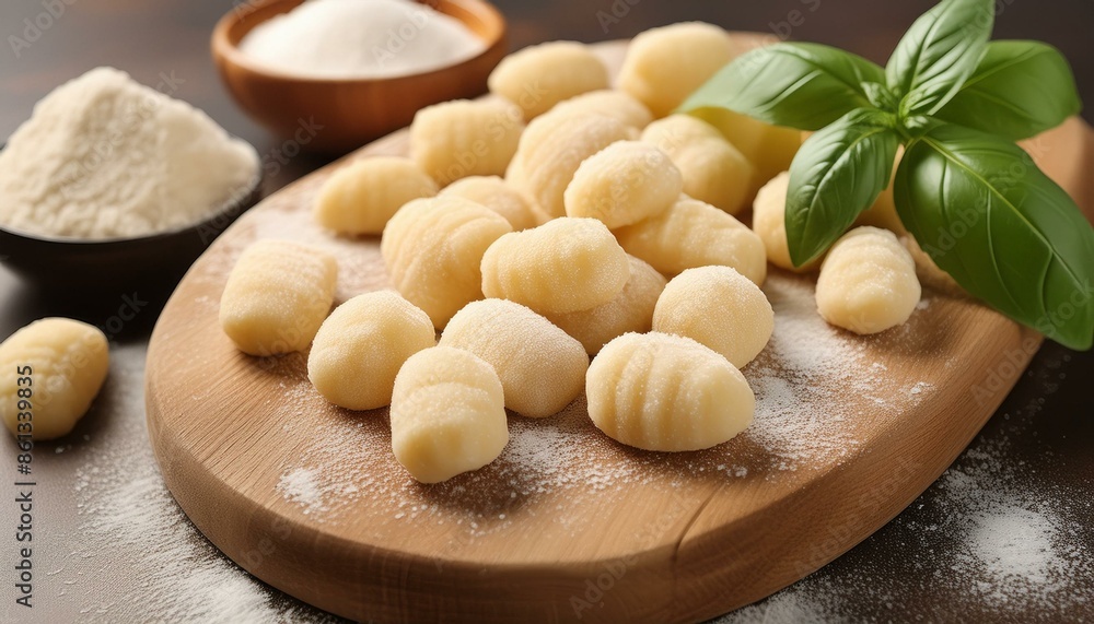 Italian gnocchi made from potato dough, freshly prepared and still slightly floury, on a wooden board. Italian gnocchi made from potato dough, freshly prepared and still slightly floury, on a wooden board.