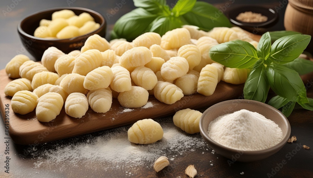 Italian gnocchi made from potato dough, freshly prepared and still slightly floury, on a wooden board. Italian gnocchi made from potato dough, freshly prepared and still slightly floury, on a wooden board.