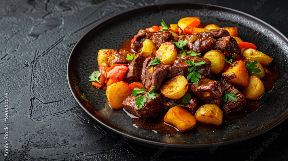 Beef stew with vegetables served on a black plate with fried potatoes Beef stew with vegetables served on a black plate with fried potatoes