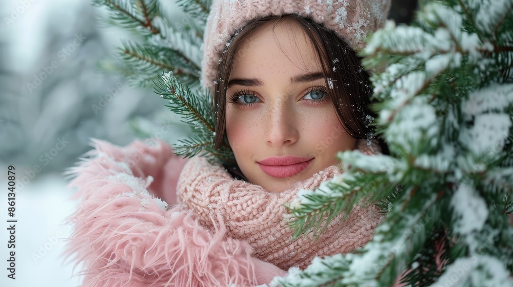 A woman wearing a pink coat and knit hat peeks through snow-covered pine branches in a serene winter setting, surrounded by softly falling snow. A woman wearing a pink coat and knit hat peeks through snow-covered pine branches in a serene winter setting, surrounded by softly falling snow.