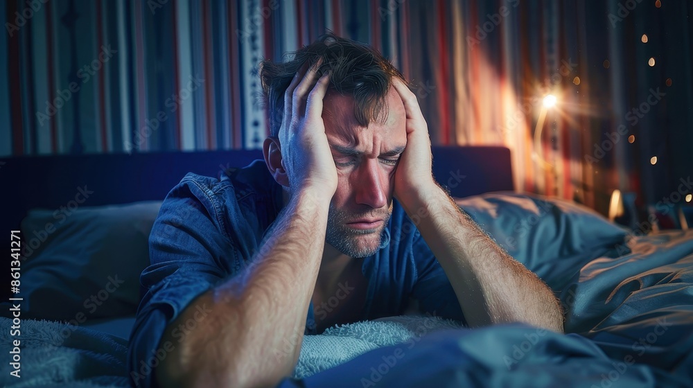 Fototapeta premium A man sitting on a bed, visibly troubled, with his head in his hands, illustrating a night filled with stress and anxiety in a dimly lit bedroom environment.
