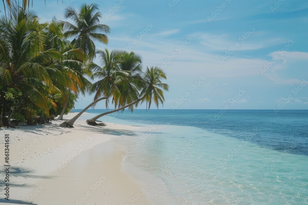 A stunning tropical beach scene featuring white sand, clear water, and swaying palm trees. Generative AI A stunning tropical beach scene featuring white sand, clear water, and swaying palm trees. Generative AI