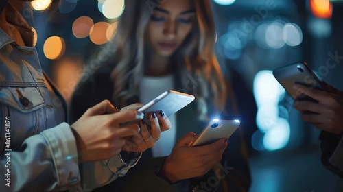 Three individuals, focusing on their smartphones, stand close together in a city at night with glimmering bokeh lights in the backdrop, reflecting a modern, connected lifestyle. photo